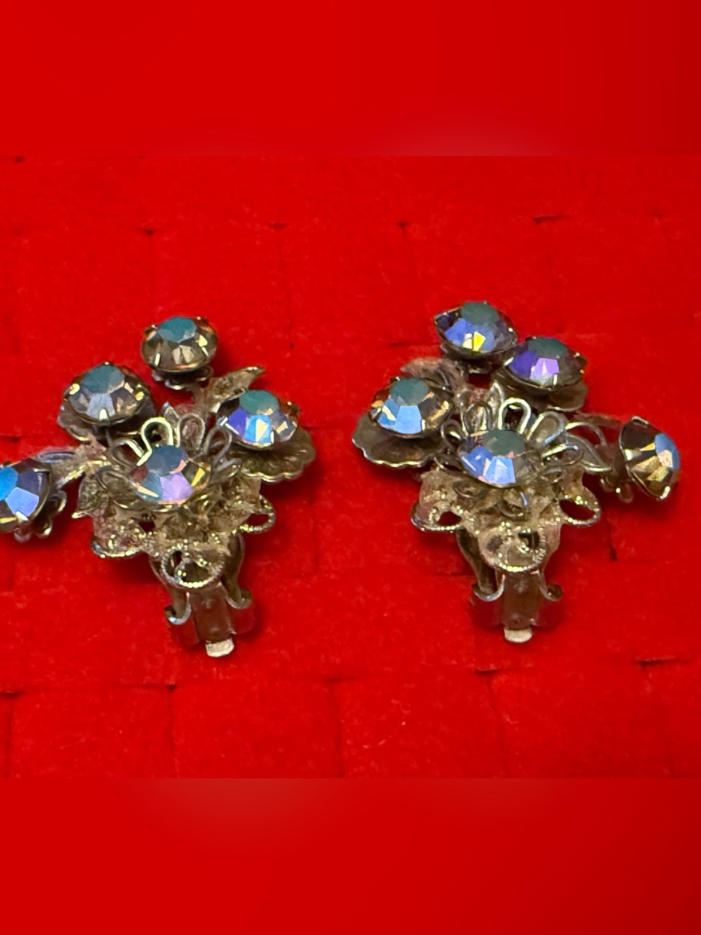 Aurora Borealis AB Judy Lee Style Crystal Floral Clip-On Earrings - Iridescent